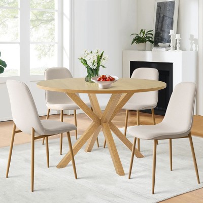 5-Piece Round Dining Table Set with Upholstered Linen Chairs, Modern Wood Grain Table and Fabric Dining Chairs for 4-Maison Boucle