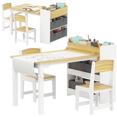 Qaba Kids Desk and Chair Set, Kids Art Table and Chairs Set with Paper Roll, Storage Shelves and Drawers, for Writing Drawing Aged 3-8