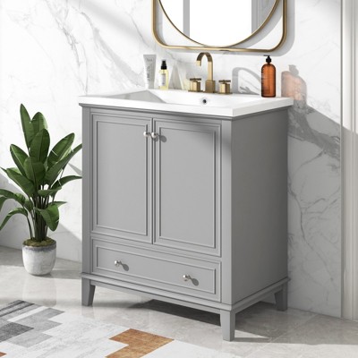 ChicFurnit 30 Inch Bathroom Vanity with Sink Freestanding Bathroom Cabinet with 2 Doors and 1 Drawer for Bathroom, Green/Gray/White, 30"*18"*34.8"