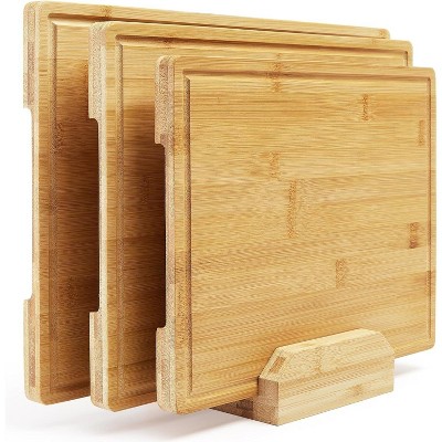 Bamboo Cutting Board Set of 3, Kitchen Chopping Board Set With Holder, Deep Juice Groove and Back Inner Handles for Meat, Vegetables & Fruit, 0.8" Th