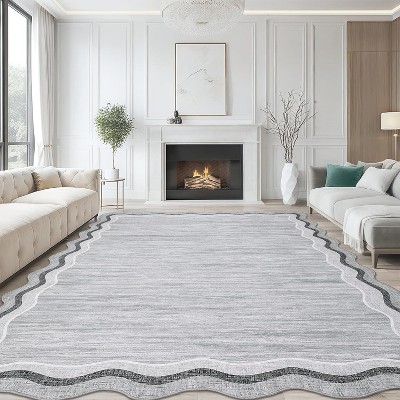 9x12 Gray Abstract Area Rug, Machine Washable Non-Slip Low Pile Carpet, Stain-Resistant Easy-Clean Accent Rug for Living Room, Bedroom, Kids Room