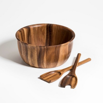 Kalmar Home Natural Acacia Wood Salad Bowl Set with Servers – Extra Large 11"x 5" Wide Bowl for Entertaining