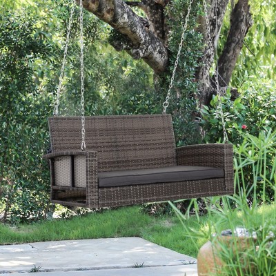 CAVINAS 2-Seat Wicker Hanging Swing Bench,Porch Swing with Chains and Cushions,550 lbs Weight Capacity,Patio Swing for Backyard Garden