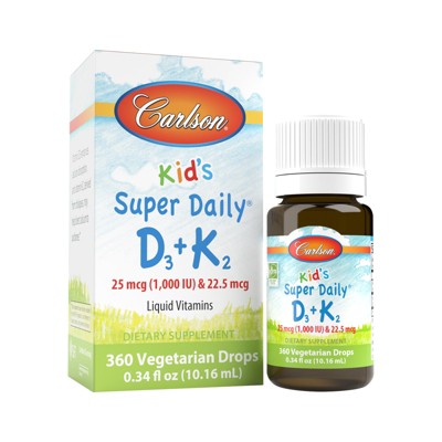 Carlson - Kid's Super Daily D3+K2, 25 mcg (1000 IU) & 22.5 mcg, Liquid Vitamins D & K, Vegetarian, Unflavored