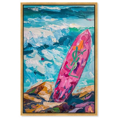 Art Remedy Pink Surfboard on the Beach Colorful Coastal Wall Art Framed