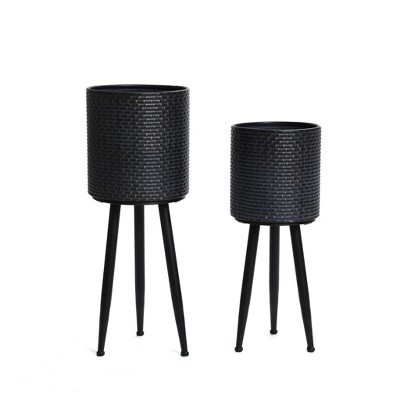 LuxenHome Set of 2 Black Dimpled Metal Cachepot Planters with Black Metal Legs