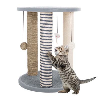 Cat Scratching Post Tower with 3 Posts, 2 Carpeted Perches, Sisal Rope Scratchers for Indoor Cats, Hanging Mouse, and Ball Toys by PETMAKER (Gray)