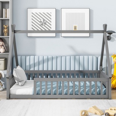 CAVINAS Twin Size Wood Montessori Bed,Modern Tent-Shaped Floor Bed Frame with Guardrails and Slats,Toddler Bed for Bedroom