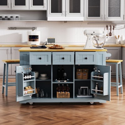 YOOCOZZ 3-Piece Rolling Kitchen Island Set with 2 Bar Stools, Drop Leaf, Power Outlet and Large Storage Space