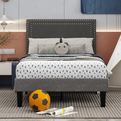 VECELO Velvet Upholstered Platform Bed Frame with Adjustable Headboard, Sturdy Wood Slats & Metal Support, No Box Spring Needed, Twin/Full/Queen Size