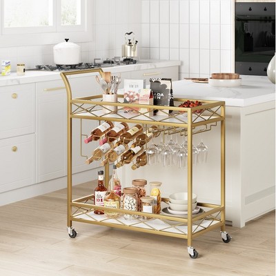 Garvee 2 Tier Bar Carts for The Home, Bar Carts with 4 Wheels for Kitchen, Living Room, Dining Room, Gold