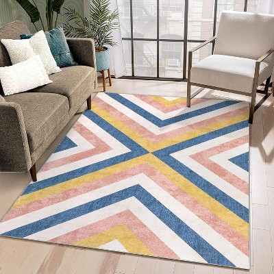 Washable Geometric Area Rug, Low Pile Stain Resistant Foldable Carpet for Bedroom, Dining Room, Office