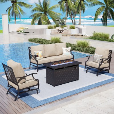 Captiva Designs 4pc Metal Patio Outdoor Conversation Fire Pit Set with Rocking Grid-back Armchairs for Garden, Poolside, Backyard
