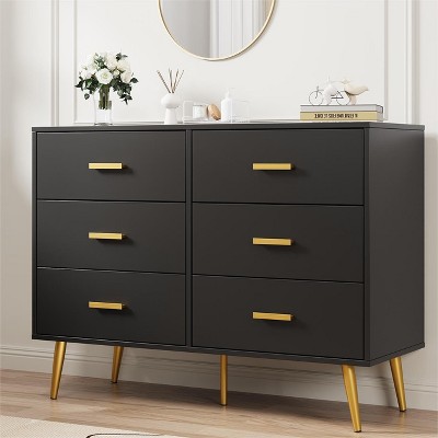 homfan 6 Drawer Dresser, Modern Wooden Dresser with Gold Handles and Storage Space, Chest of Drawers for Bedroom, Hallway, Living Room and Entryway