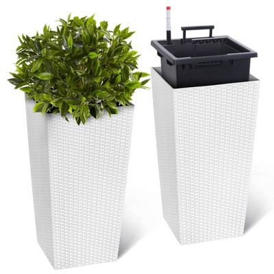 Planter Set of 2, Large Rattan Flower Pot with 2 Trays & a Water Level Monitor & Wheels for Patio, Porch, Living Room, or Home Office