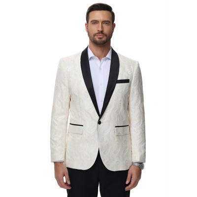Clearlove Tuxedo Jacket for Men One Button Blazer Floral Shawl Lapel Suit Jacket Paisley Slim Fit Blazers,White,XXXL