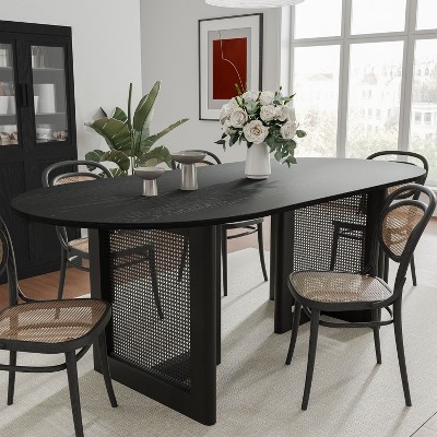 PexFix 67" x 33.5" Modern Farmhouse Kitchen Dining Room Table Furniture Oval Black Kitchen Table with Rattan Woven Legs for Kitchen Bar Living Room