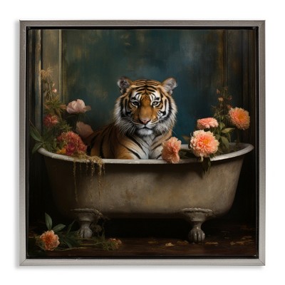 Stupell Industries Tiger in Floral Bathtub Black Framed Floater Canvas Wall Art