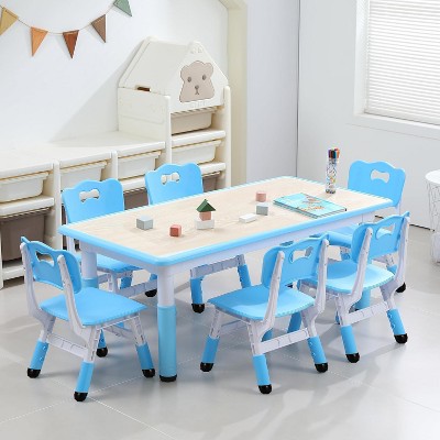 Kids Table and Chairs Set, Height Adjustable Desk with 6 Seats for Ages 2-10,Arts & Crafts Table,Graffiti Desktop, Non-Slip Legs