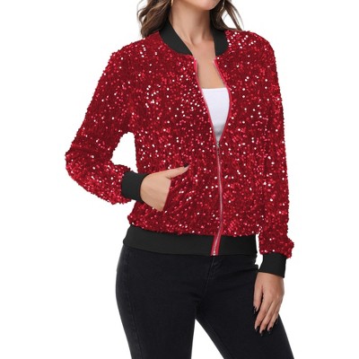 Anna-Kaci Women's Sequin Bomber Jacket Zip Front Ribbed Cuffs and Hem Pockets