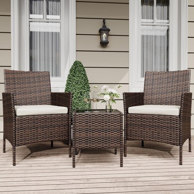 3 Piece Patio Set, PE Rattan Patio Conversation Set, 2 Chairs + Coffee Table, Outdoor Patio Furniture Set for Patio Front Porch Balcony Bistro