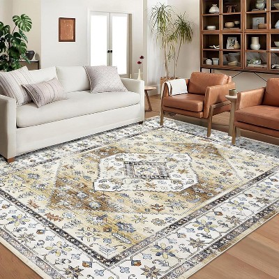 Washable Area Rug – Ultra-Thin Low Pile Vintage Carpet, Non-Slip Accent for Living Room, Bedroom, Home Office, Distressed Rust Design