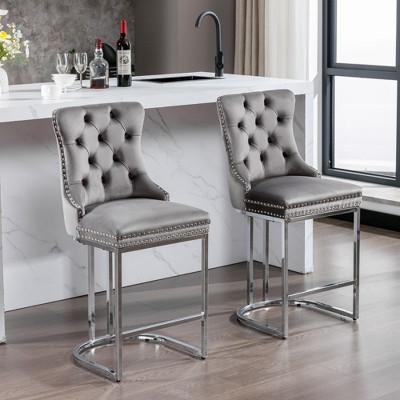Zeus & Ruta Set of 2 Modern 25" Velvet Counter Stools with Button-Tufted Back, Rivet Trim & Chrome Metal Legs