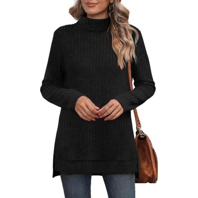 Women's Fall Winter High Neck Ribbed Knit Top - Loose Fit T-Shirt with Side Slits