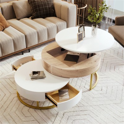 RISOKEYS Lift-Top Nesting Coffee Table - Round Table with Drawers, Hidden Compartment, Adjustable Storage Shelf for Living Room