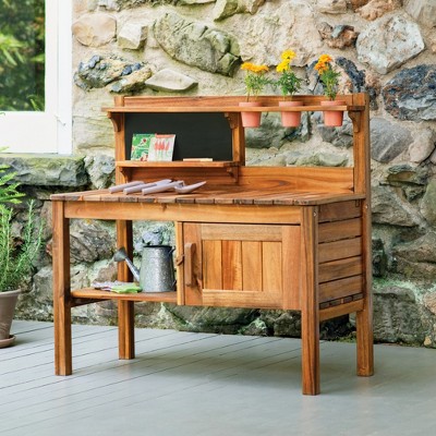 Martha Stewart Kids Outdoor Potting Bench: Acacia Wood Kids Gardening Set w/ Pots, Garden Tools, Bin & Open Shelves, Backyard Outdoor Activity Play