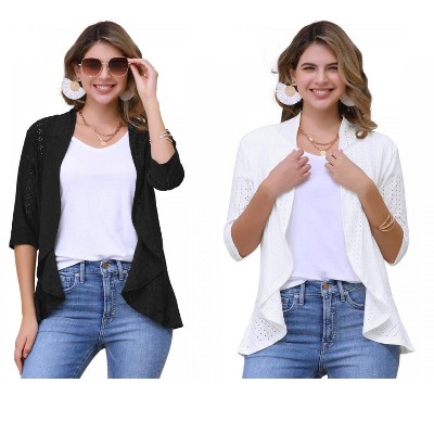 INSPIRE CHIC Women's 3/4 Sleeve Dressy Neck Ruffle Open Front Casual Eyelet Cardigans 2 Packs