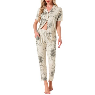 INSPIRE CHIC Women's Longewear Button Up Tencel Floral Ink Wash Pattern Short Sleeve Notched Collar Pants Set with Pockets