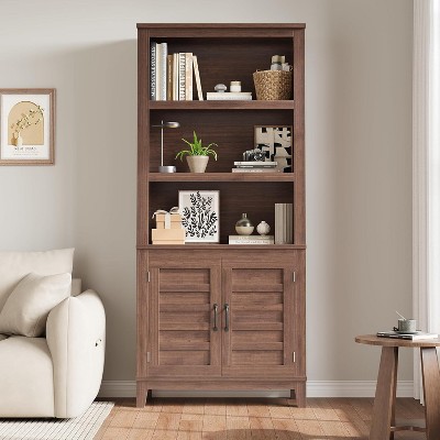 Bookcase with Door 5 Tier Storage Bookshelf Wooden Farmhouse Bookshelves Rustic Vintage Walnut Cabinet for Home Office,Living Room,Bedroom,Brown