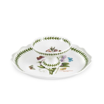 Portmeirion Botanic Garden Chip & Dip Set - 11" Round Platter & 5.5" Bowl, Porcelain Serveware, Assorted Floral Motifs, Dishwasher & Microwave Safe