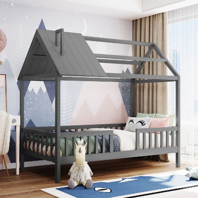 Whisen Twin Size Wood House Bed with Fence and Roof for Kids