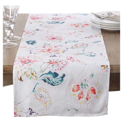 White Primavera Printed Floral Design Table Runner (16"x72") - Saro Lifestyle: Botanical Linen Dresser Runner, Machine Washable