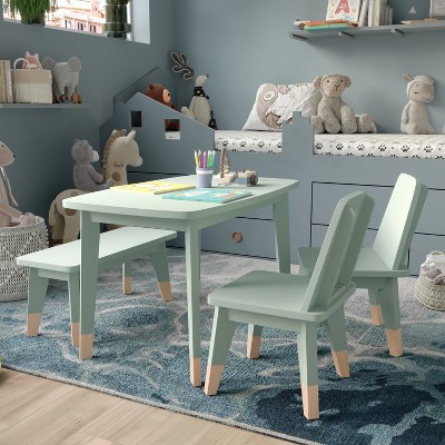 Buzz & Bloom Kids 4-Piece Wood Table, 2 Chairs, and Bench Seating Set with Rounded Corners