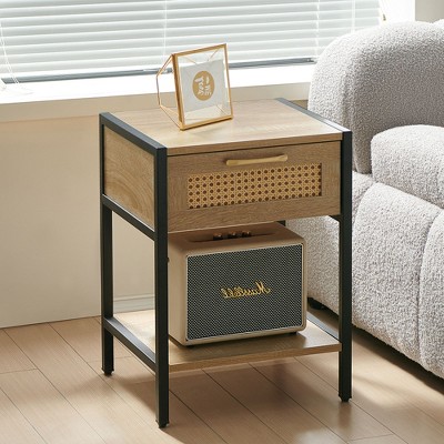 15.74" Rattan End table with  drawer, Modern nightstand, metal legs,side table,natural(1 pc)