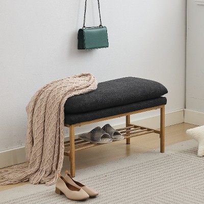 Lyngins Shoe Bench with Cushion and Shelf,Linen Upholstered Storage Bench with Metal Legs,End of Bed Bench for Living Room,Entryway,Bedroom,300 LB