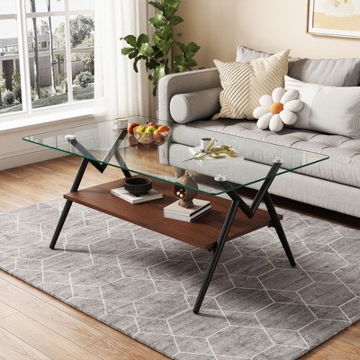 NicBex Modern 2-Tier Tempered Glass Coffee Table with Sturdy Metal Legs, Rectangle Center Accent Table for Living Room