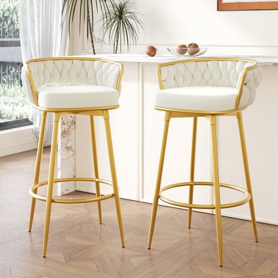 VASIP Swivel Counter Height Bar Stools Set of 2 with Hand-Woven Backrest & Gold Metal Legs, Low Back Upholstered High Bar Chairs with Footrest