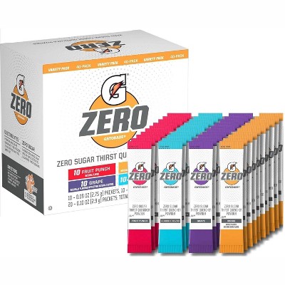 Gatorade G Zero Powder Variety Packets 40 count 10 Glacier Freeze, 10 Fruit Punch, 10 Grape, and 10 Orange