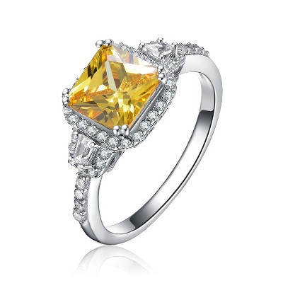 Guili Sterling Silver Halo Cocktail Ring with Yellow CZ, a breathtaking and radiant piece designed to captivate every glance, sizes 6-8.