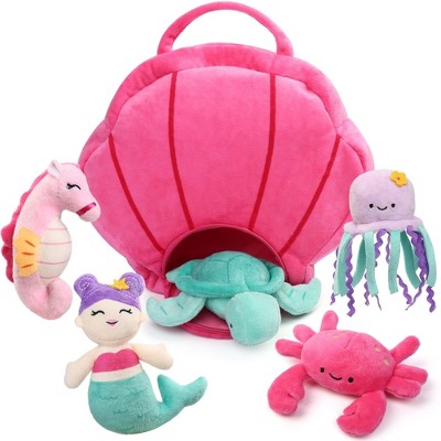 BenBen Ocean Stuffed Animal, 5 Pack Small Sea Creature Plush Toys and Shell Carrying Bag Set, Cute Plushies for Baby Kids