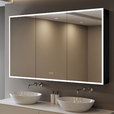 Flora Medicine Cabinet with Mirrors and Lights, Recessed/Wall Mounted Bathroom Cabinet with 3 Mode Light, Dimmable, Anti-Fog, Black