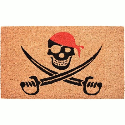 HomeRoots 17" X 29" Natural Red and Black Coir Pirate Outdoor Halloween Door Mat