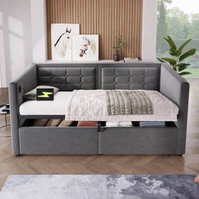 Upholstered Twin Size Daybed with Hydraulic Storage & USB - C Charging, Velvet Tufted Back Sofa Bed Frame - ModernLuxe