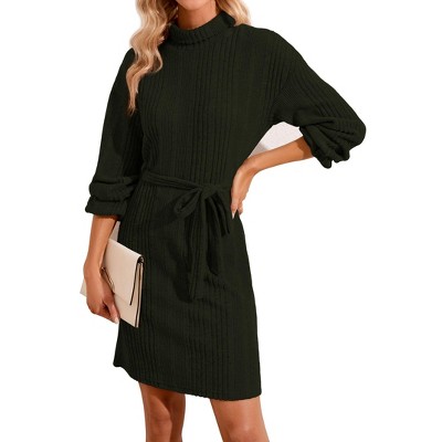 Coolmee Women's Pullover Sweater Dress Long Sleeve Turtle Neck Tie Waist Ribbed Knit Mini Short Dress
