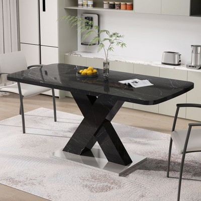 Okak Modern Square Stretchable Dining Table with X-Shape Leg and Metal Base for Dining Room, Living Room, Space-Saving