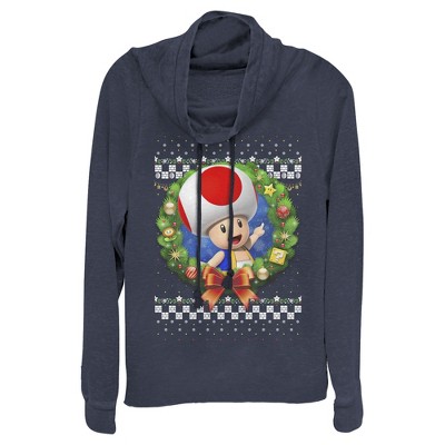 Juniors Womens Nintendo Christmas Toad Wreath Cowl Neck Sweatshirt